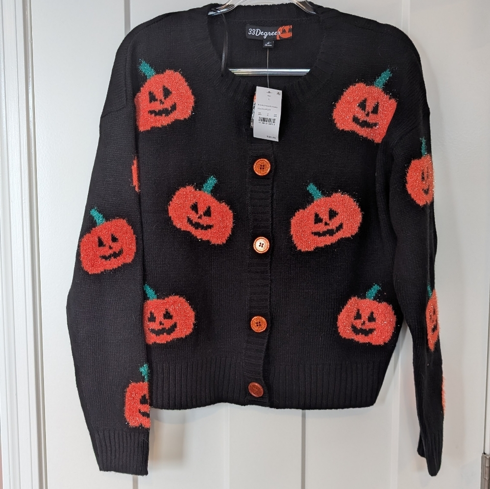 32 Degrees Black Halloween Cardigan with Orange Pumpkin Pattern